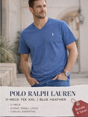 Polo Ralph Lauren V-Neck Tee XXL Blue Heather Classic Fit Logo T-Shirt Casual